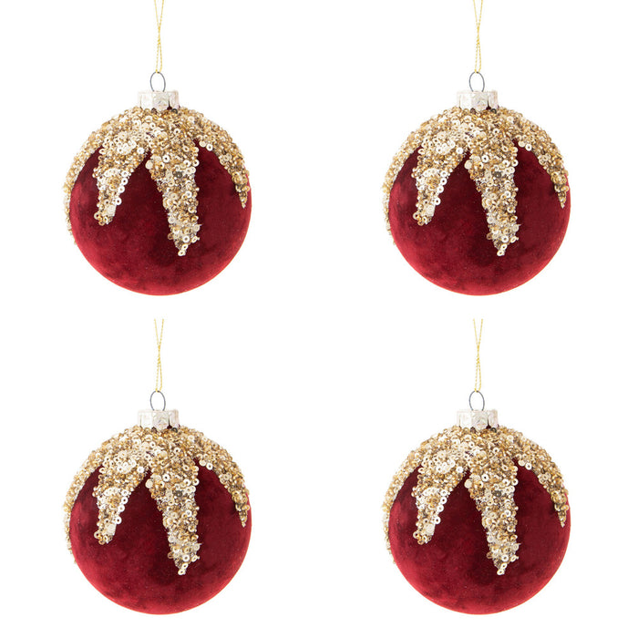 Palline di Natale in Velluto Rosso e Strass Oro Formato: 80 mm