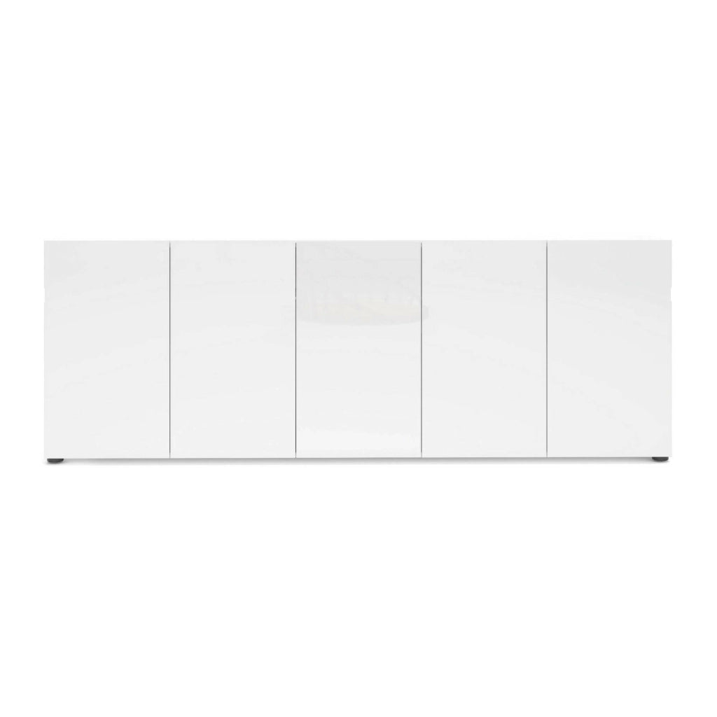 Credenza Macaria, Buffet da soggiorno, Madia da salotto, Dispensa da cucina, Made in Italy, 225x38h79 cm, Bianco lucido