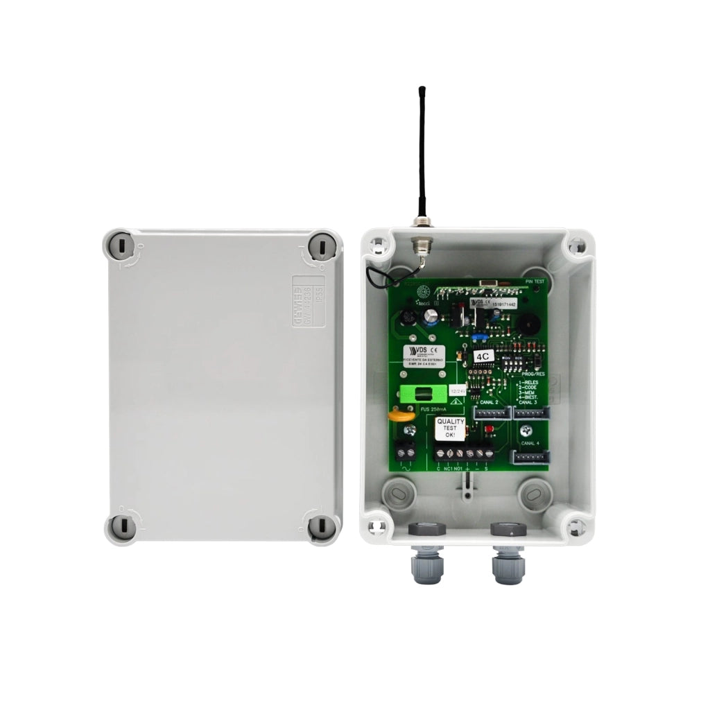 RICEVITORE ESTERNO IN BOX 433 MHZ 4 CANALI 230VCC ROLLING CODE VDS SMR220C4 E001