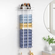 Sostegno asciugamano con ripiano di stoccaggio, appoggio asciugamano per la parete della camera da bagno, sostegno asciugamano per ospiti con 4 ganci, sostegno asciugamano adatto per le camere da bagno e le saune, bianco