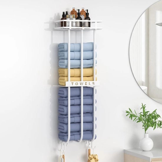 Sostegno asciugamano con ripiano di stoccaggio, appoggio asciugamano per la parete della camera da bagno, sostegno asciugamano per ospiti con 4 ganci, sostegno asciugamano adatto per le camere da bagno e le saune, bianco