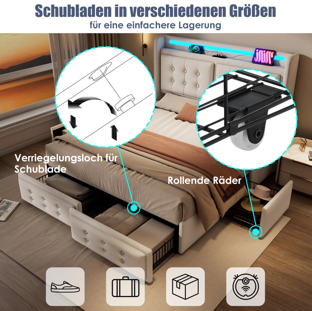 Letto 140x200 cm con LED; USB Type-C; 4 cassetti e rete a doghe; Beige