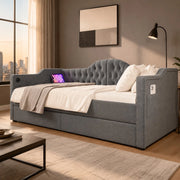 LETTO divano 90x190 cm in lino grigio con USB Type-C e 2 cassetti