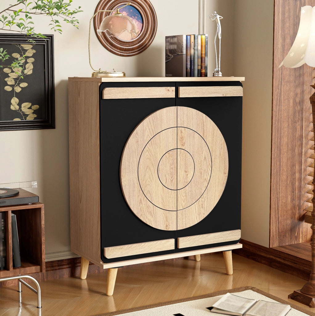 Scarpiera moderna con ante geometriche rotonde; 76 x 37 x 98;5 cm; nero in MDF