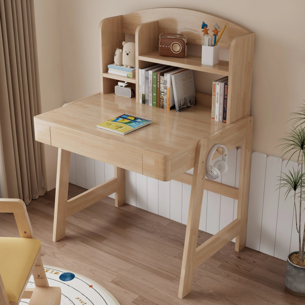 Scrivania lineare per bambini da 6 anni con altezza regolabile, cassetto, vano contenitore e gancio, in legno naturale