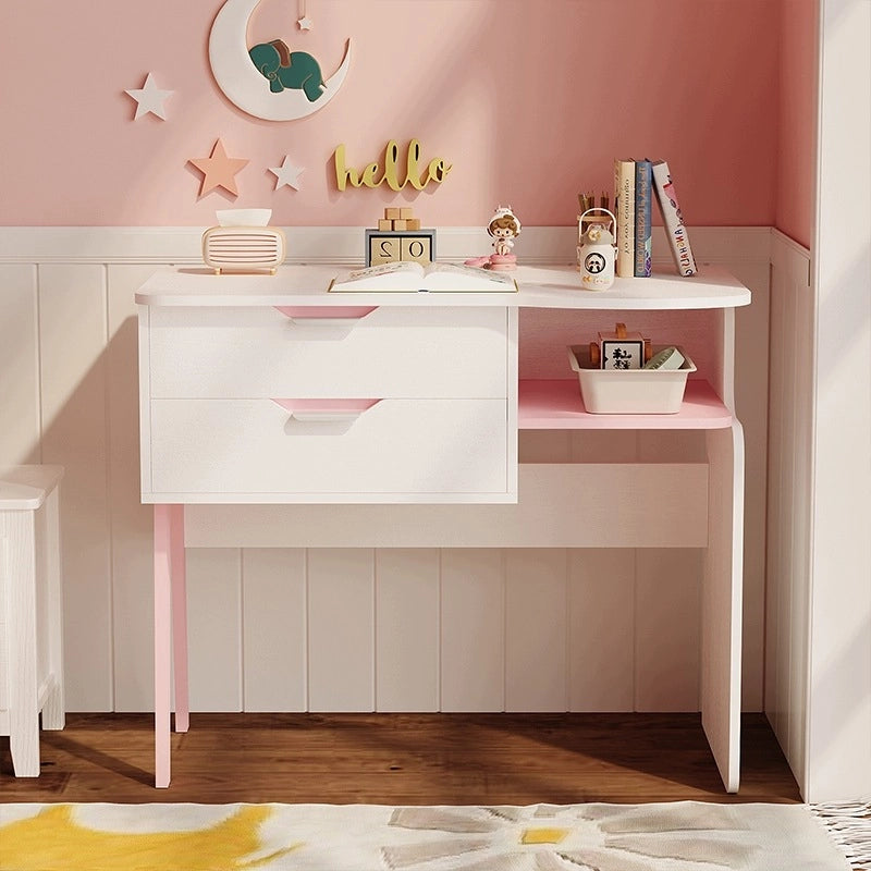 Moderna scrivania per bambini da 90 cm, bianca e rosa, con 2 cassetti e un ripiano