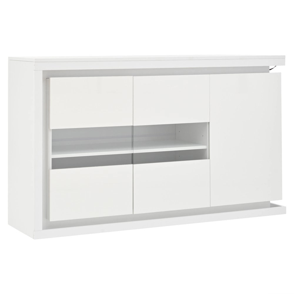 Credenza con LED ¨C MINIMAL ¨C Bianco Lucido, Ante in Vetro Temperato, 140x40x84