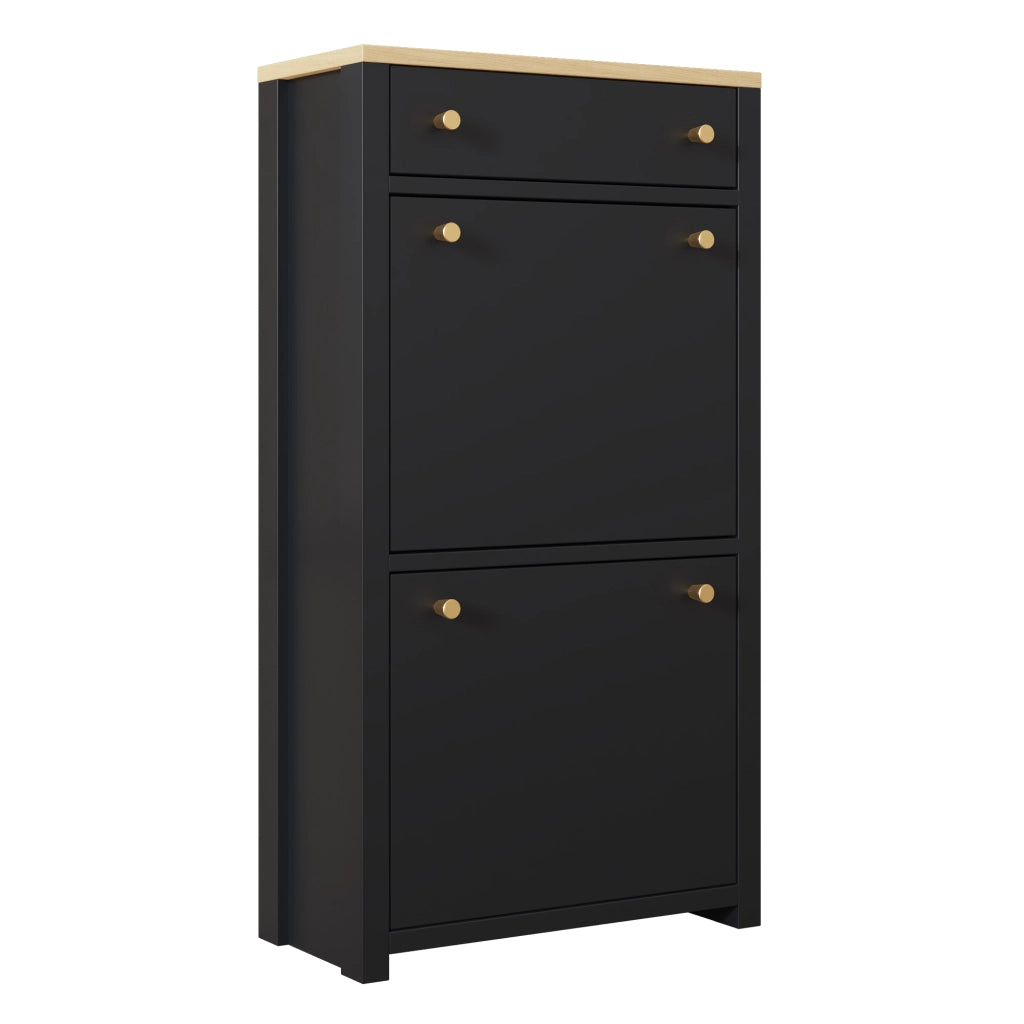 Scarpiera salvaspazio con 2 ante a ribalta, cassetto superiore e ripiani interni regolabili, colore nero con effetto legno, 50 ¡Á 25 ¡Á 95 cm