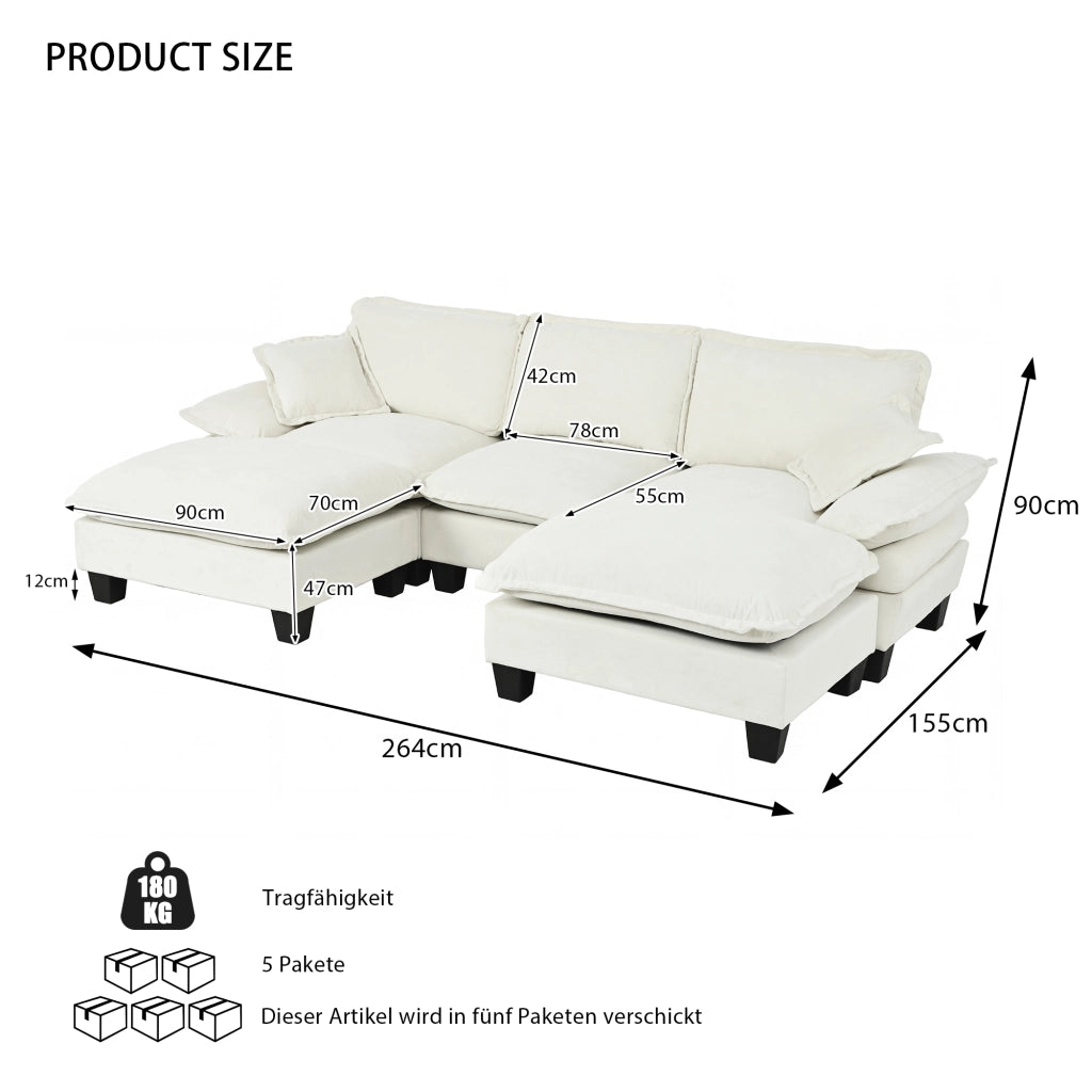 Scaffale modulare con seduta a U e 2 pouf mobili in chenille beige 263 × 151 × 90 cm