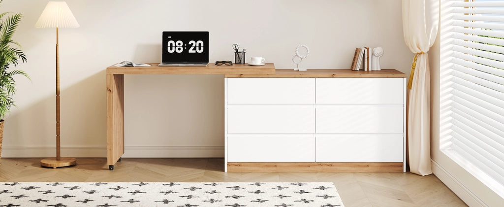 Scrivania girevole con 6 cassetti e ruote bloccabili, per ufficio in casa e camera, in truciolare, bianco e rovere, 120 × 50 cm