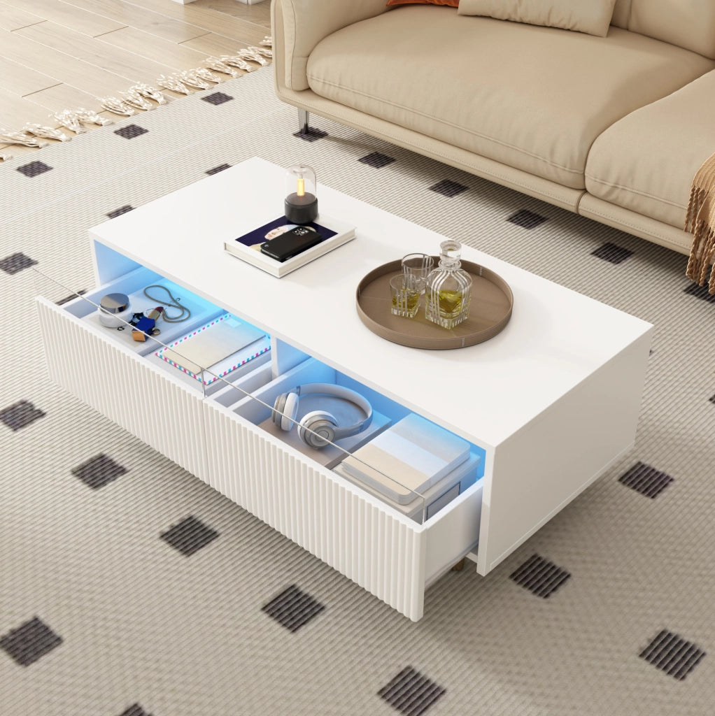 Tavolino da caffè moderno 110x50x40 cm in MDF bianco con LED e 2 cassetti
