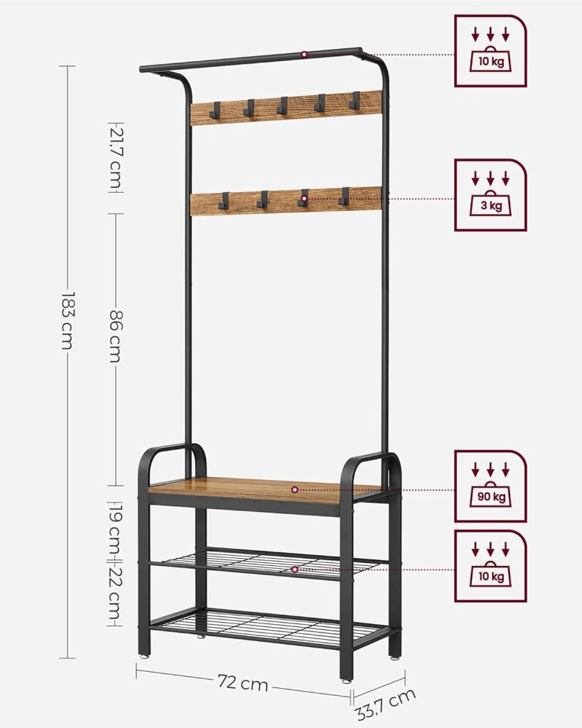 VASAGLE Appendiabiti con Scarpiera, Mobile da Ingresso con Panca, 4 in 1, 9 Ganci Rimovibili, Barra Attaccapanni, Entrata Corridoio, 33,7 x 77 cm, Industriale, Noce Medio e Nero HSR040B41