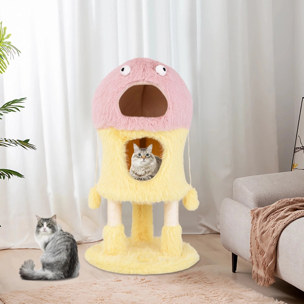 Albero per gatti con piuma morbida e lunga palo per graffio in sisal, Adorabile torre di gatti a tema mostro Rosa-Alberi Tiragraffi