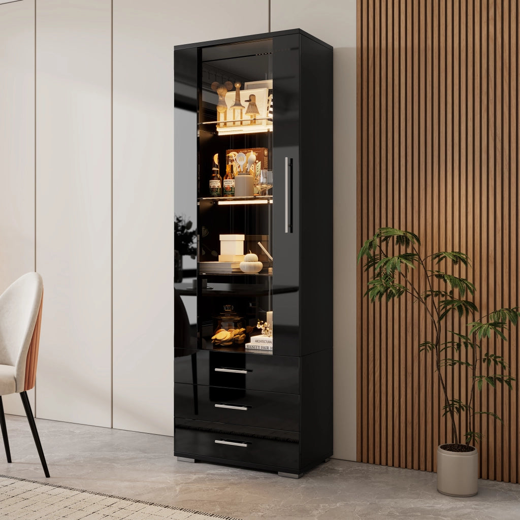Vetrina con LED, 1 anta e 3 cassetti, frontale lucido, per soggiorno e studio, in MDF, nero, 60 × 35 × 180 cm