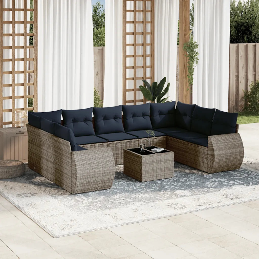 Set Divani da Giardino 10 pz con Cuscini Grigio in Polyrattan 3221810