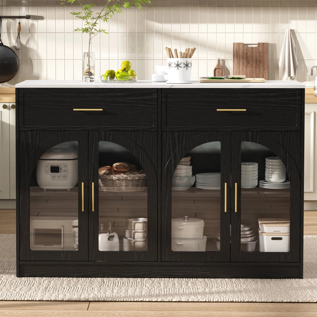 Carrello da cucina con LED, 2 cassetti, ante trasparenti e ripiani regolabili, per cucina e sala da pranzo, nero