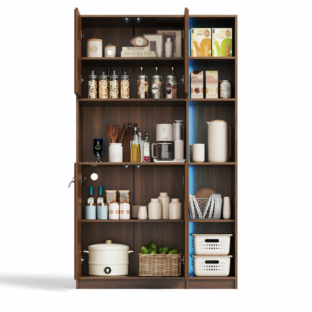 Colonna cucina 105x40x180 cm in MDF marrone, LED, prese e contenitore