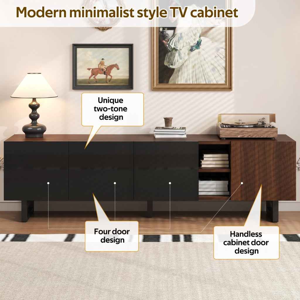Mobile TV con 4 Ante senza Maniglie e Vani a Giorno; Frontali Nero Lucido; Stile Moderno; in MDF; 180??38??50 cm; Nero/Naturale