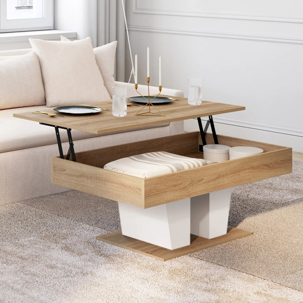 IDMarket - Tavolino rettangolare alzabile in legno e bianco ELIAD