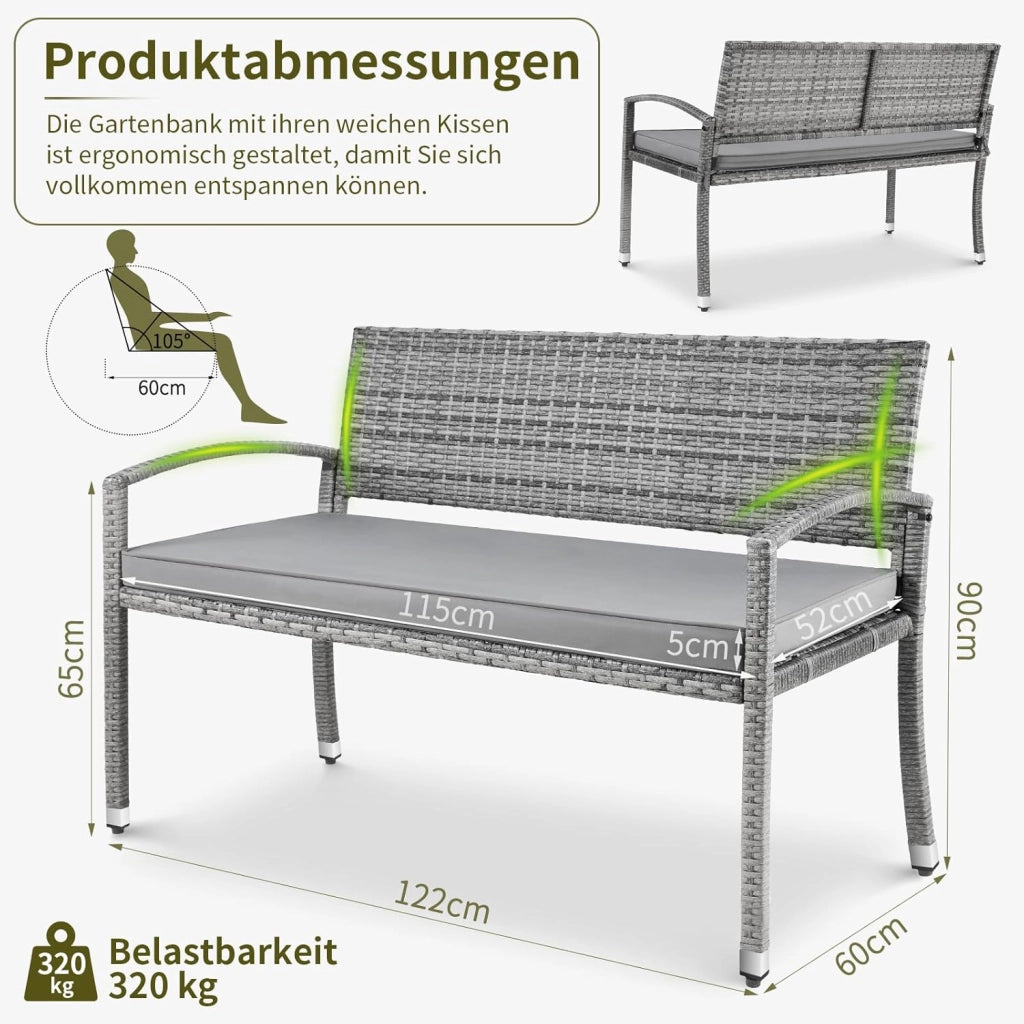 Panca da giardino, resistente alle intemperie, con cuscino, 2 posti, in polyrattan, portata 320 kg, accogliente mobili da giardino per esterni, 122 x 60 x 90 cm, per balconi, giardini