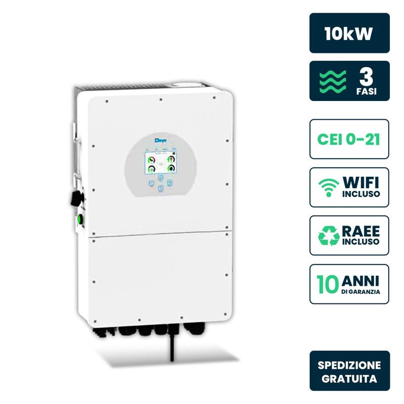 Inverter Fotovoltaico Deye Trifase Ibrido ALTA TENSIONE On-Grid/Off-Grid 10kW CEI 0-21, Schermo LCD Touch a Colori, Smart Meter Integrato, WiFi e TA, Garanzia 10 Anni IP65 SKU-12168