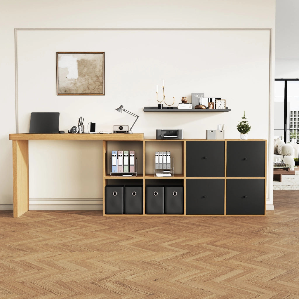 Scrivania angolare girevole a 360° con 4 vani aperti e 4 cassetti, in MDF, per ufficio e home office