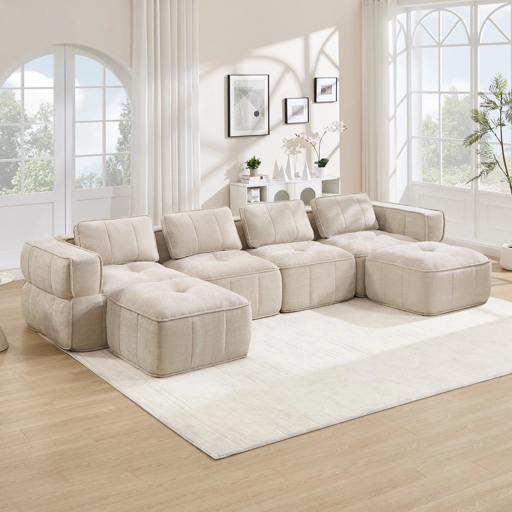 Divano modulare a U 4 posti ¨C Minimal ¨C Beige tessuto imbottito con 2 poggiapiedi