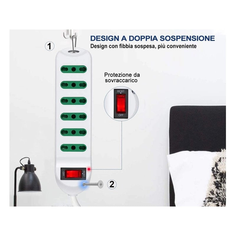 Multipresa Ciabatta Elettrica Cavo 5M Con 6 Posti Prese Bipasso 10/16A 2P+T Interruttore Spina 10A Laterale
