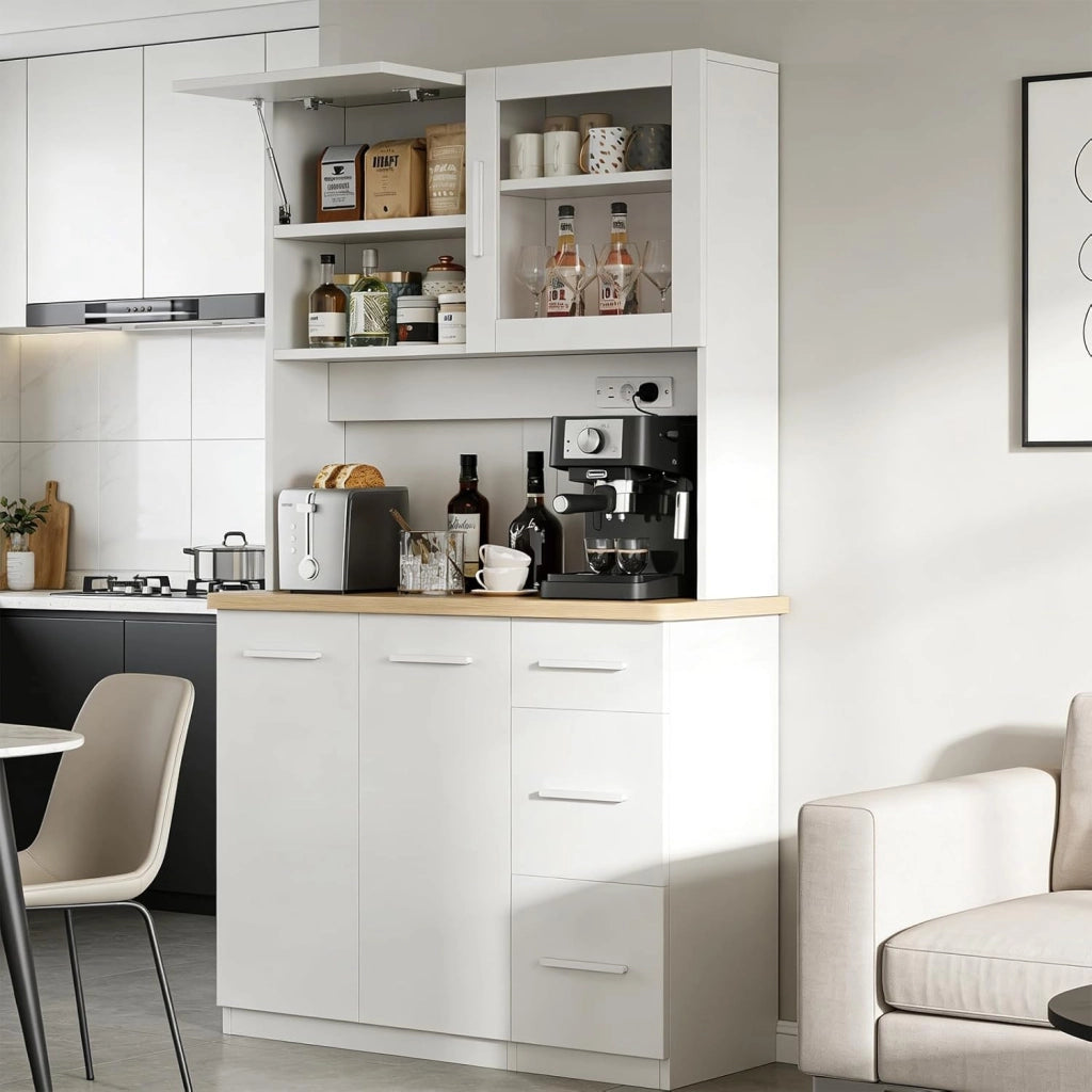 Mobile da cucina, credenza, armadio alto con prese di corrente e strisce LED 3000 K, con piano di lavoro da 24 mm, ripiani regolabili, 3 cassetti, 100 x 40 x 182 cm (Bianco)