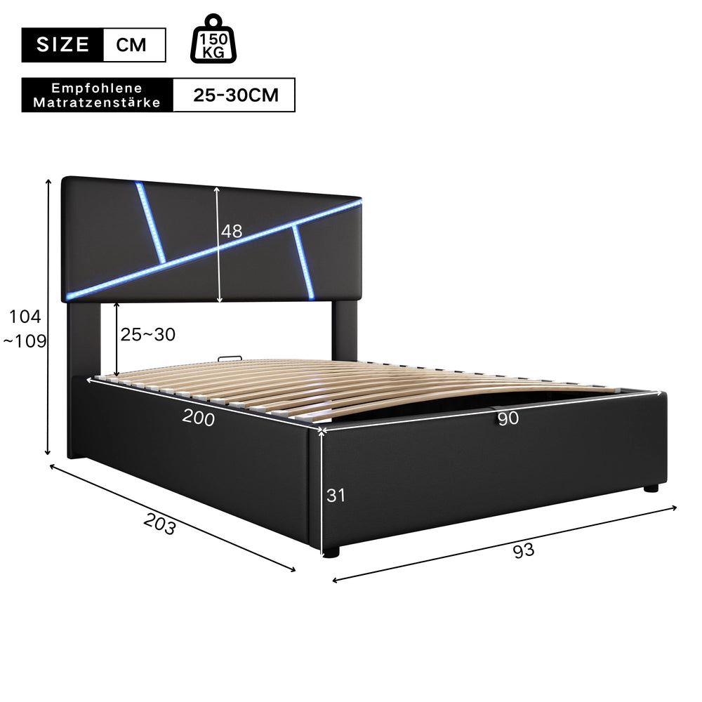Letto Imbottito con LED ¨C MINIMAL ¨C Similpelle Nero, Contenitore Idraulico, Rete a Doghe, 90x200