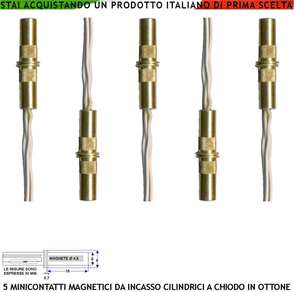 Micro Contatto Magnetico Ottone da Incasso Allarme Finestre Infissi 5 Pezzi Contatto Reed NC Sottovuoto Sensibilità Magnetica 10 mm Tensione Max 30 V Carico Resistivo 1 A IP65 4 Fili 2 NC e 2 Tamper