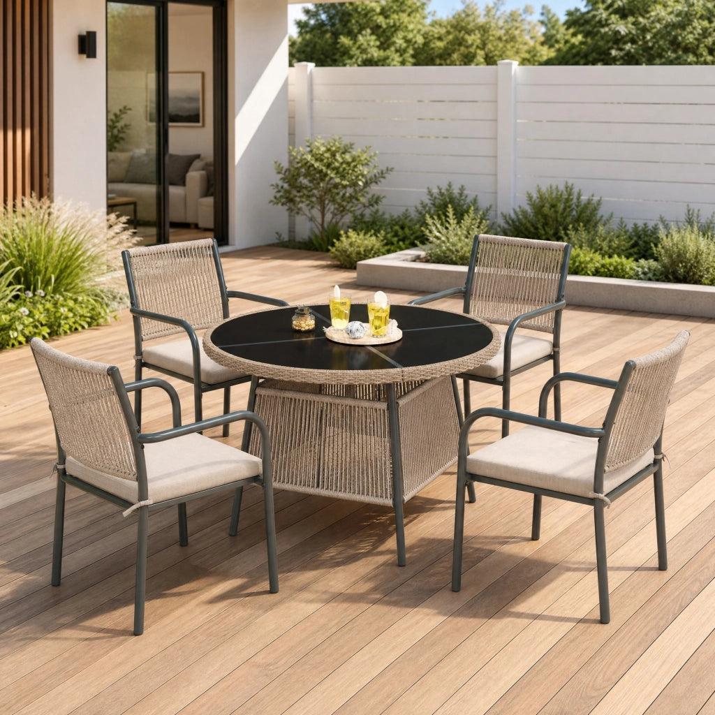 Set da giardino 5 pezzi con tavolo rotondo in vetro temperato; sedie con braccioli; grigio