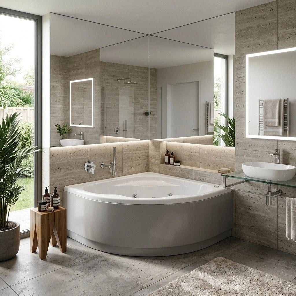 Vasca angolare cm 140x140 con idromassaggio e pannello mod. AMBRA