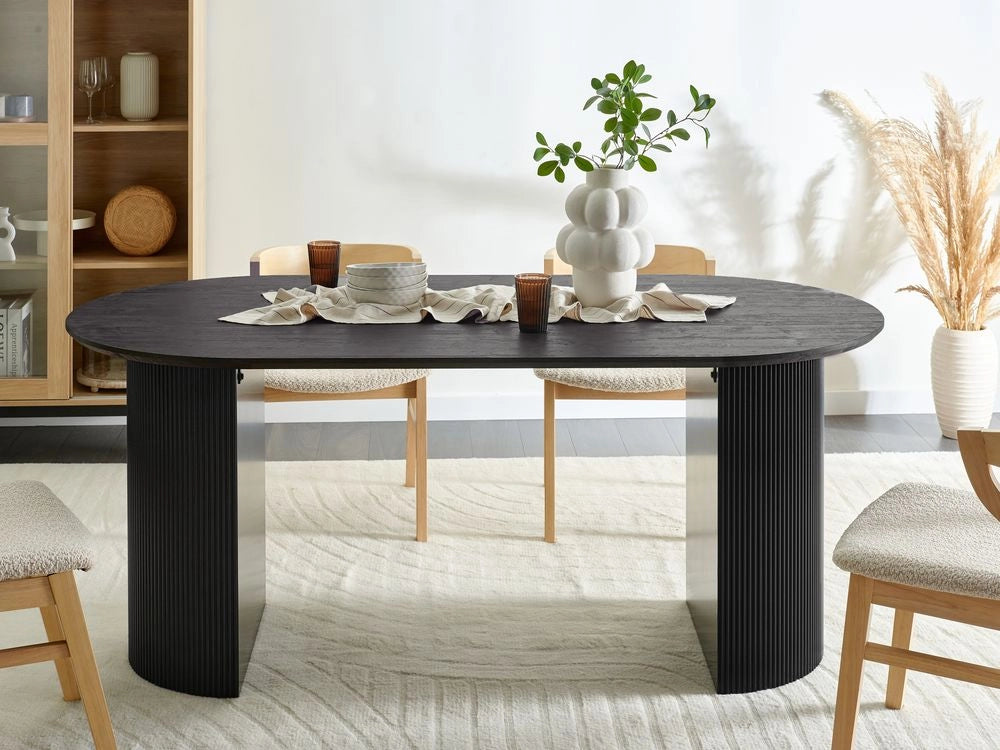 Tavolo da pranzo con piano in MDF nero 180 x 90 cm Ovale a due gambe scanalate Mobili da sala da pranzo moderni