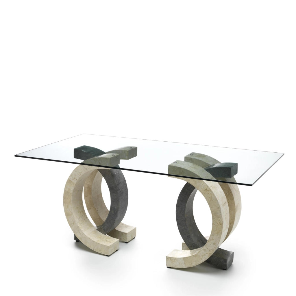 Tavolo Olimpia Fisso con Base in Pietra Fossile White Agata e Gray Stone e Top in Vetro Temperato Trasparente 180x100x76 cm - Olimpia