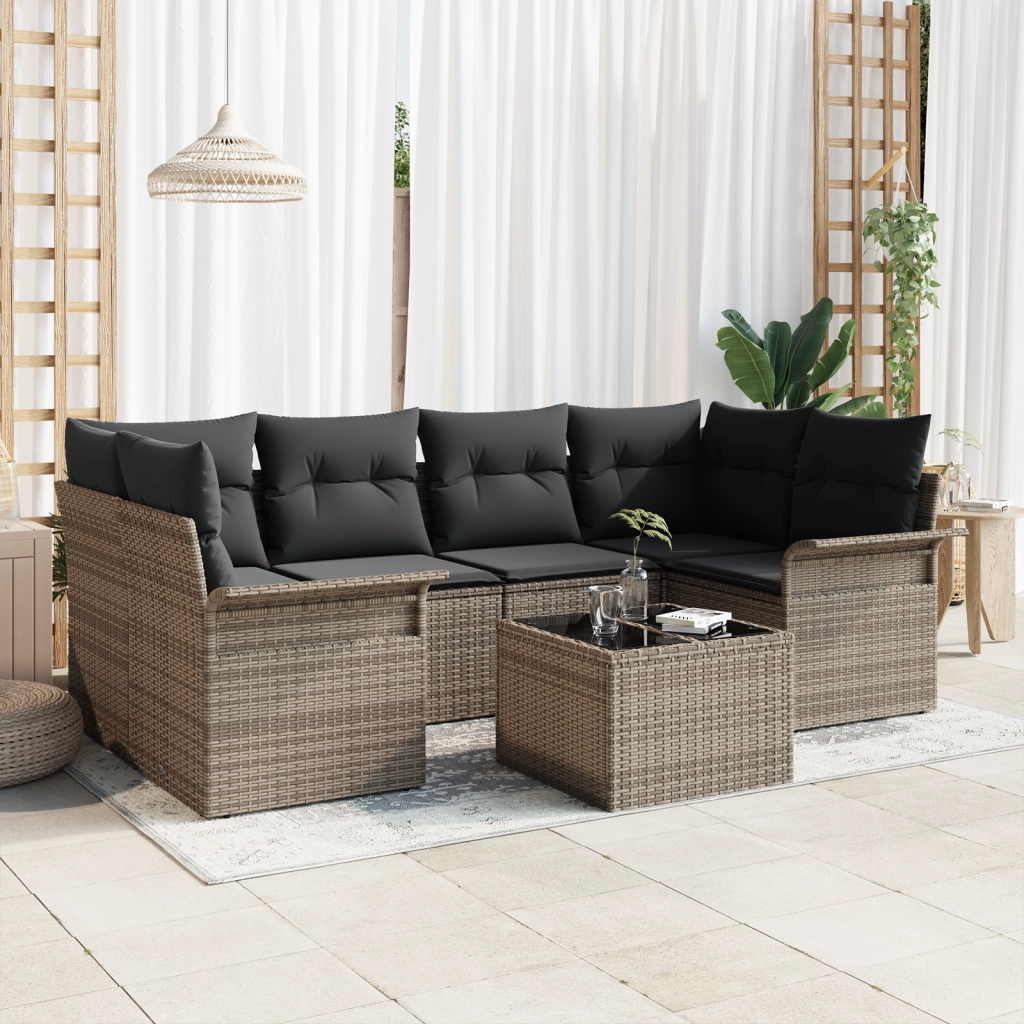 Set di Divani da Giardino di 7 Pezzi con Cuscini Grigio in Rattan PE