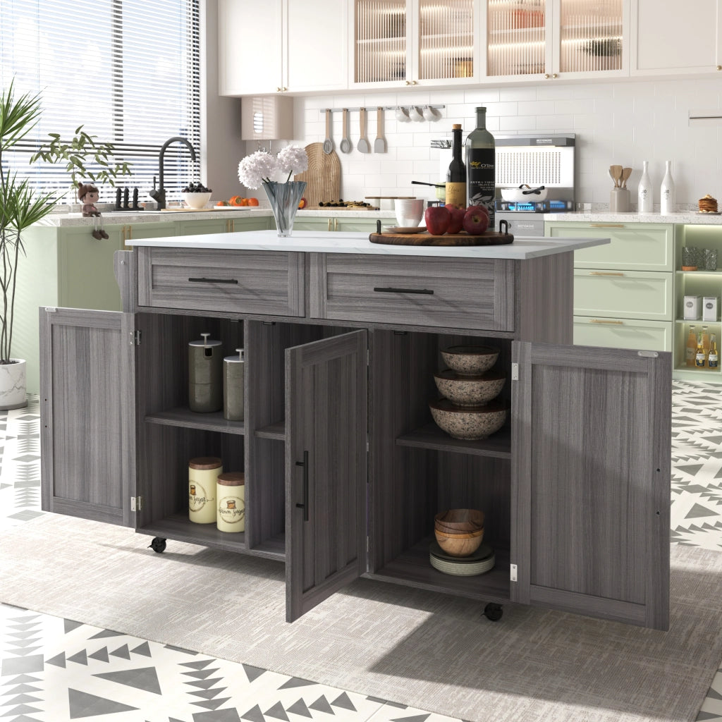 Carrello da Cucina con 2 Cassetti; 3 Vani; Piano Ribaltabile; Portaasciugamani e 5 Ruote; in MDF; 129x46x91;5 cm; Grigio e Bianco