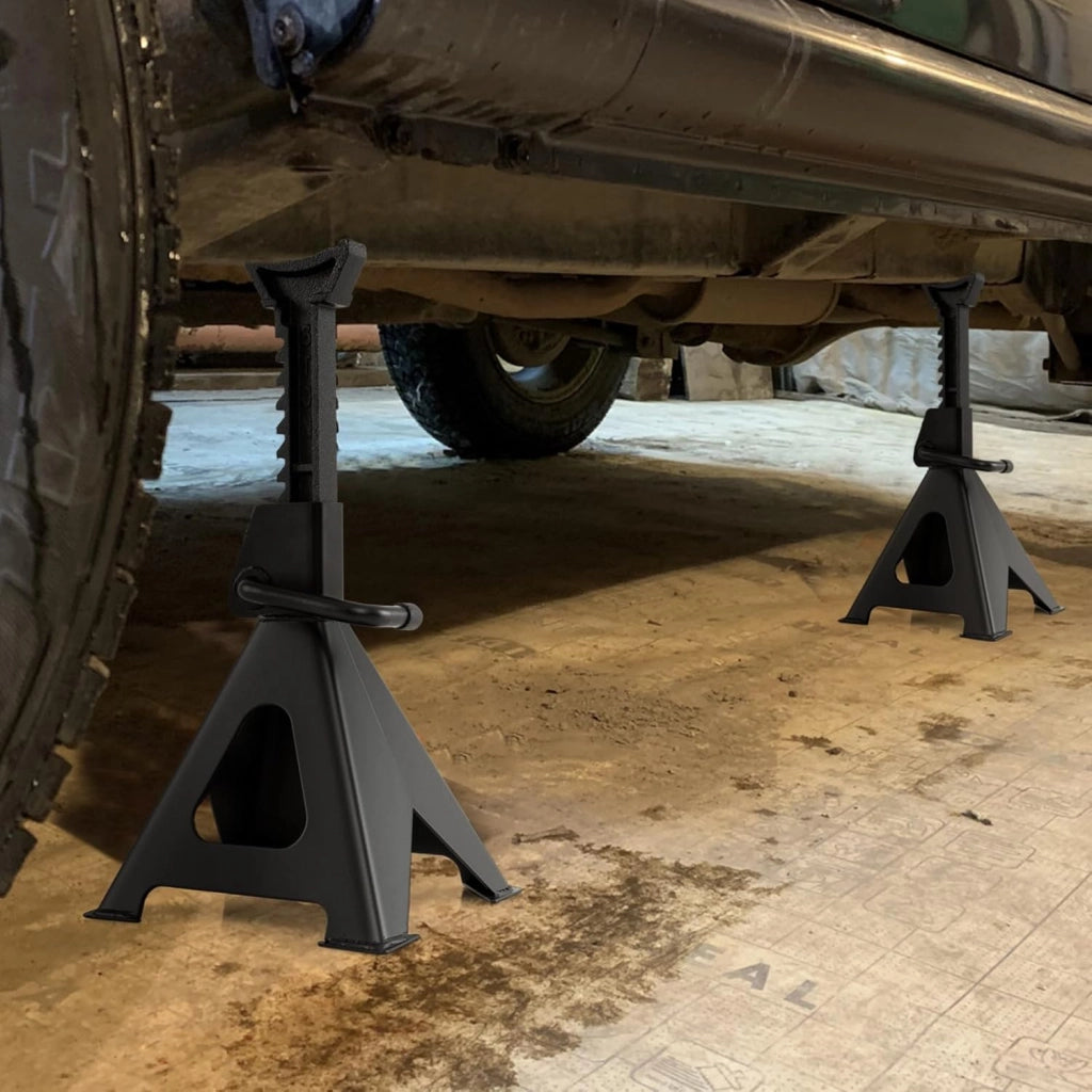 Coppia di Cavalletti per Auto con Portata di 6 Tonnellate, Cavalletti Auto Treppiedi a Cremagliera Altezza di Sollevamento 360-585 mm, Cavalletti Supporto Solleva Auto, Nero