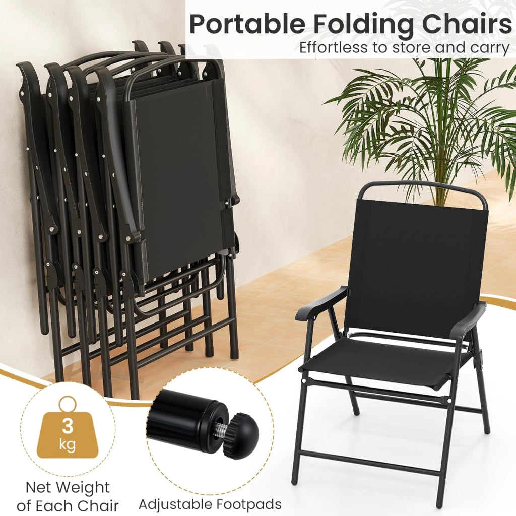 Set da Bistrò in Tessuto Textilene, Set da Giardino in 6 Pezzi, con Ombrellone, Tavolo e 4 Sedie Pieghevoli, Set Tavolo e Sedie da Balcone, Set da Esterno per Patio, Bordo Piscina, Nero
