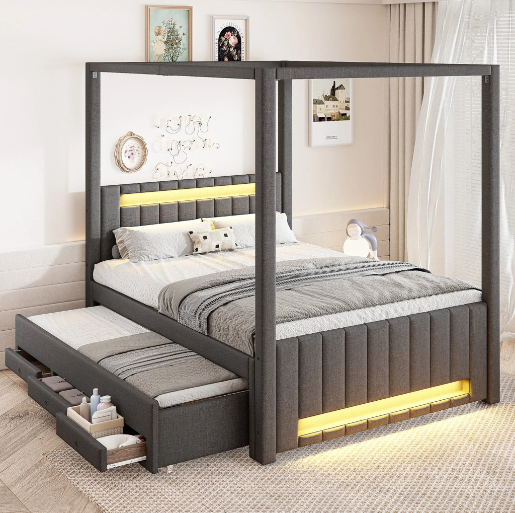 Letto a baldacchino imbottito 140x200 cm con letto estraibile e LED