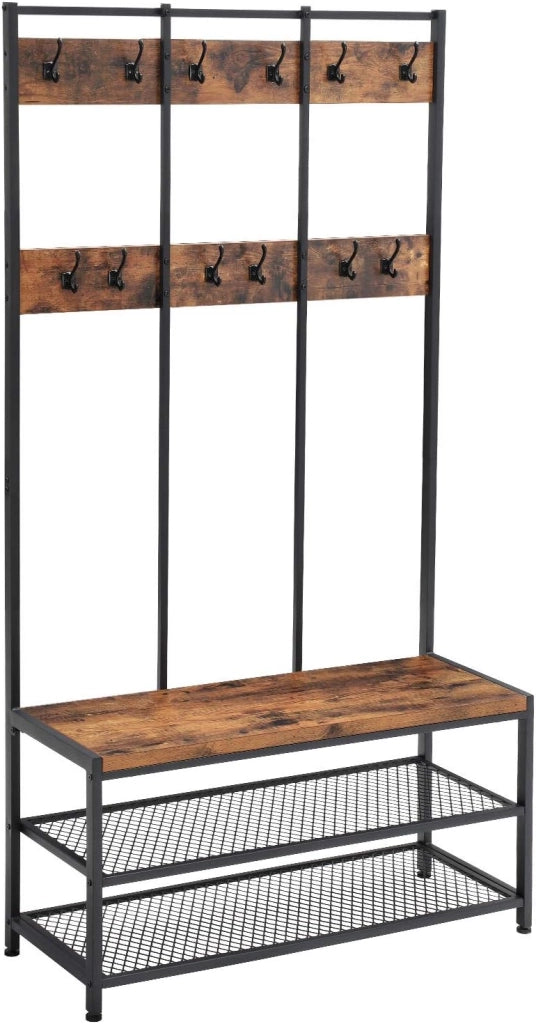 VASAGLE Appendiabiti con Panca Scarpiera, Attaccapanni con 12 Ganci e Ripiani, Scaffale per Corridoio, Ufficio, Camera da Letto, Struttura in Acciaio, Stile Industriale, Greige e Nero HSR086B02