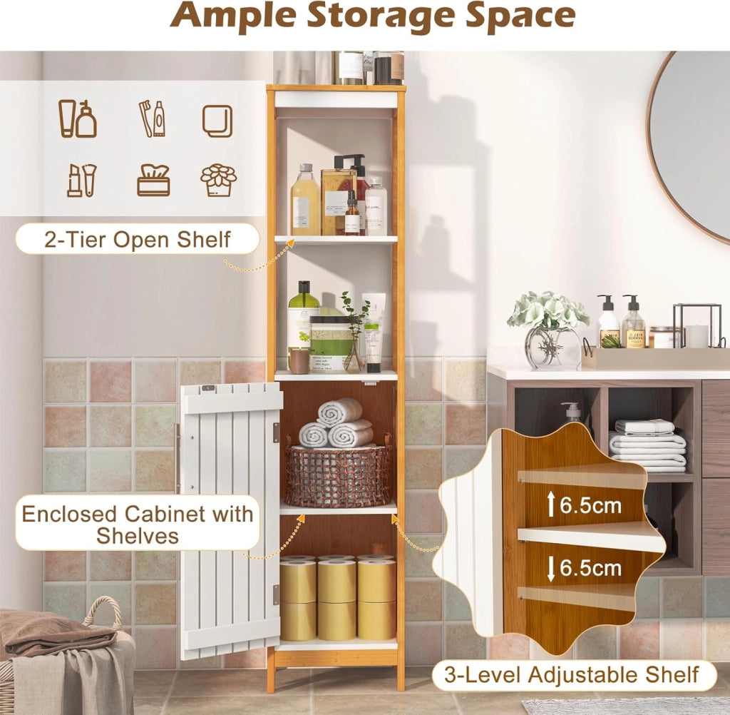 Armadio da bagno in bambù, mobile indipendente con porta, scaffale regolabile e ripiani aperti, torre della biancheria sottile e stretta, per bagno, ripostiglio, cucina