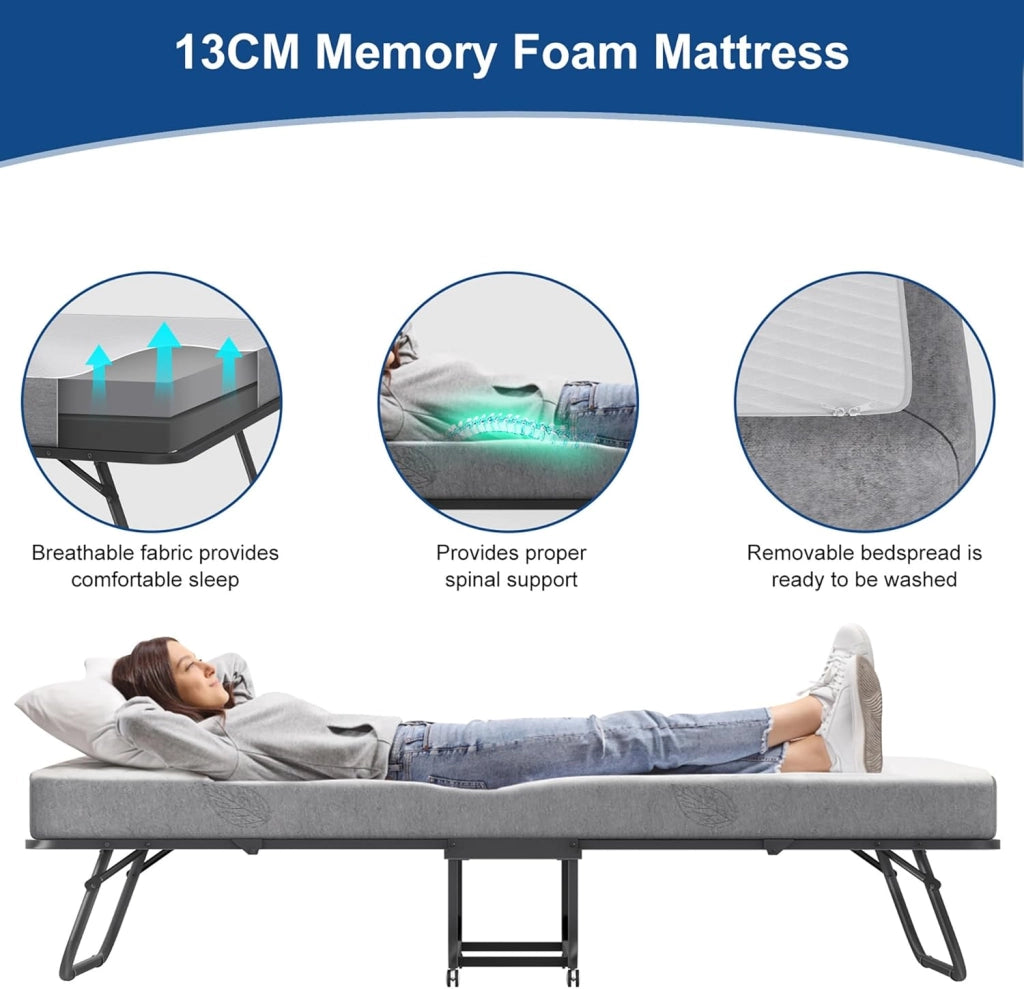 Letto pieghevole 200 x 90 cm con materasso in spugna spessa 13 cm di spessore, telaio del letto portatile con 4 ruote, carico massimo: 200 kg
