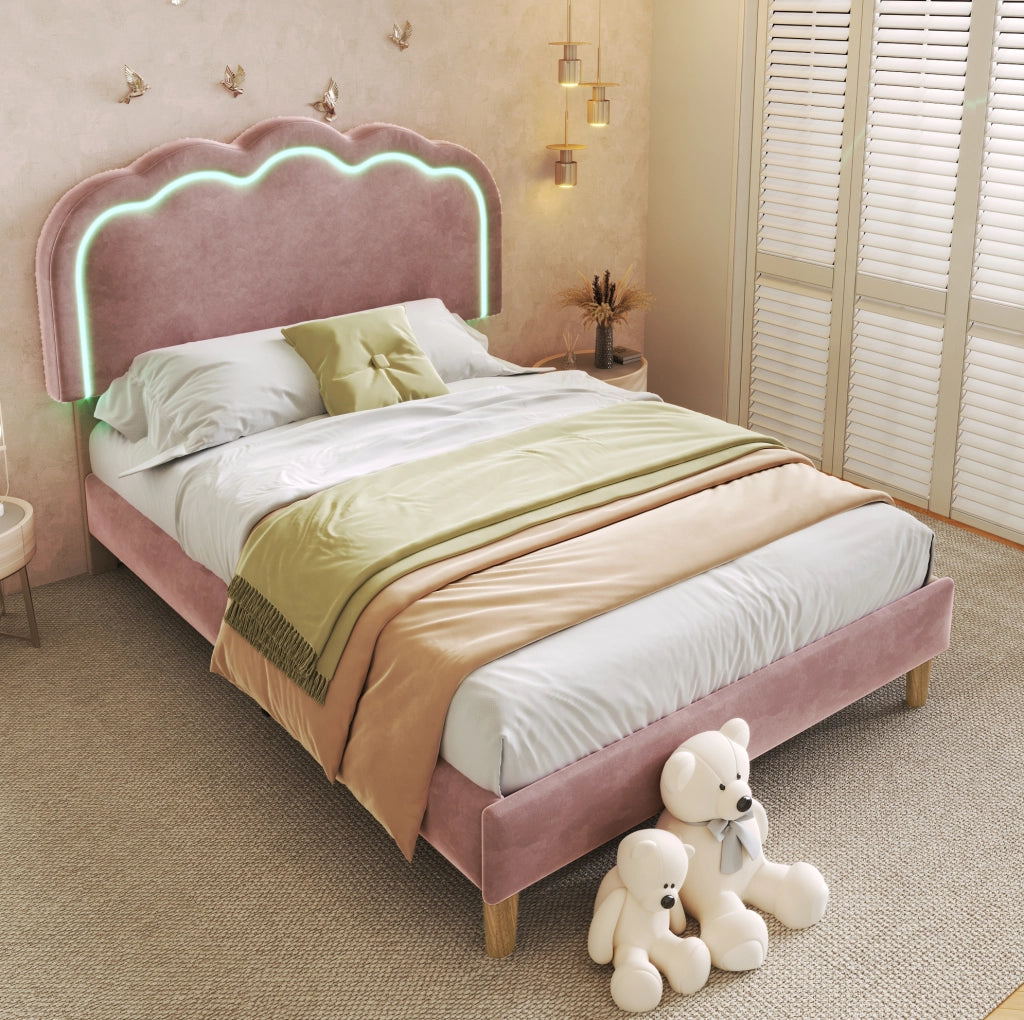 Letto imbottito 90x200 cm; testiera LED regolabile; velluto rosa (Senza materasso)