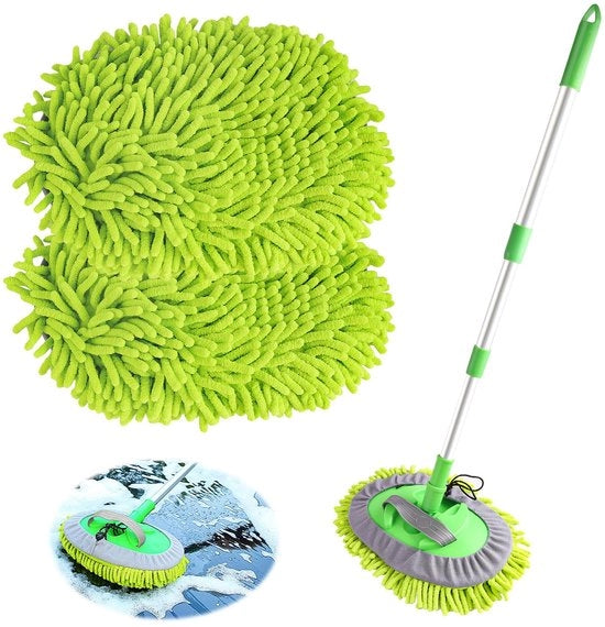 Pulitore auto a doppia funzione con lunga setola, 2 in 1 microfibra e chenille, 118 cm, per auto, camper, camion, caravan e furgone (2 testine)