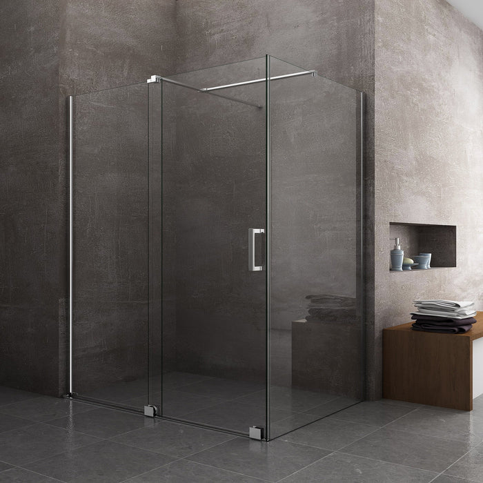 Box Doccia Angolare Con Pannello Fisso Laterale E Porta Frontale Scorrevole Senza Telaio H 200 Cromo Trasparente Cm 80 (78-80) x 150 (146-151)