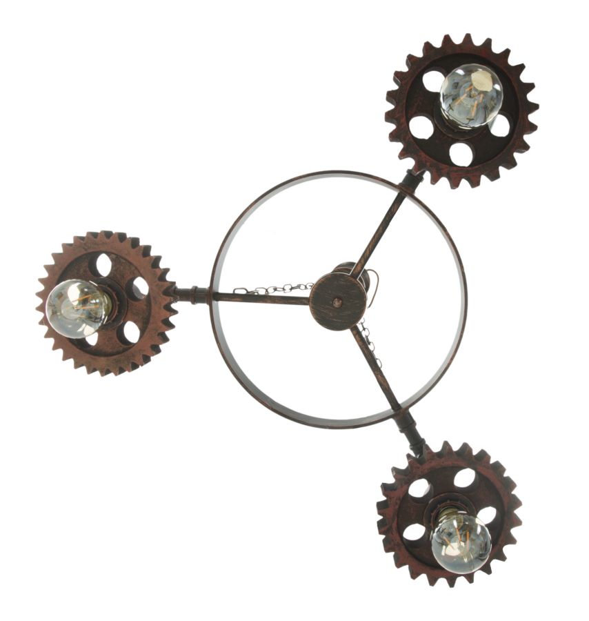Lampadario Ingranaggio 3 Luci Ø54x104 cm in Ferro e Legno Nero e Rame