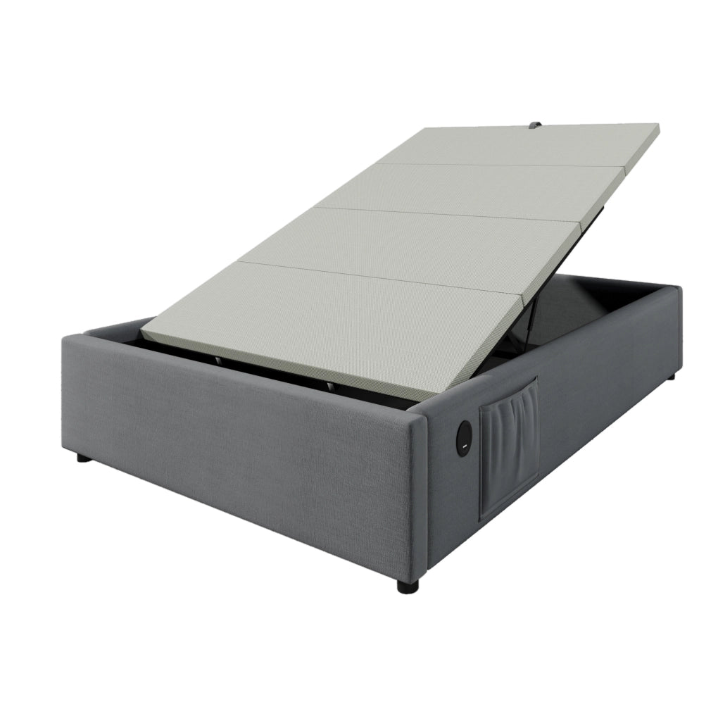 Letto singolo 90x200 cm con contenitore; USB e Type-C; tessuto effetto lino grigio