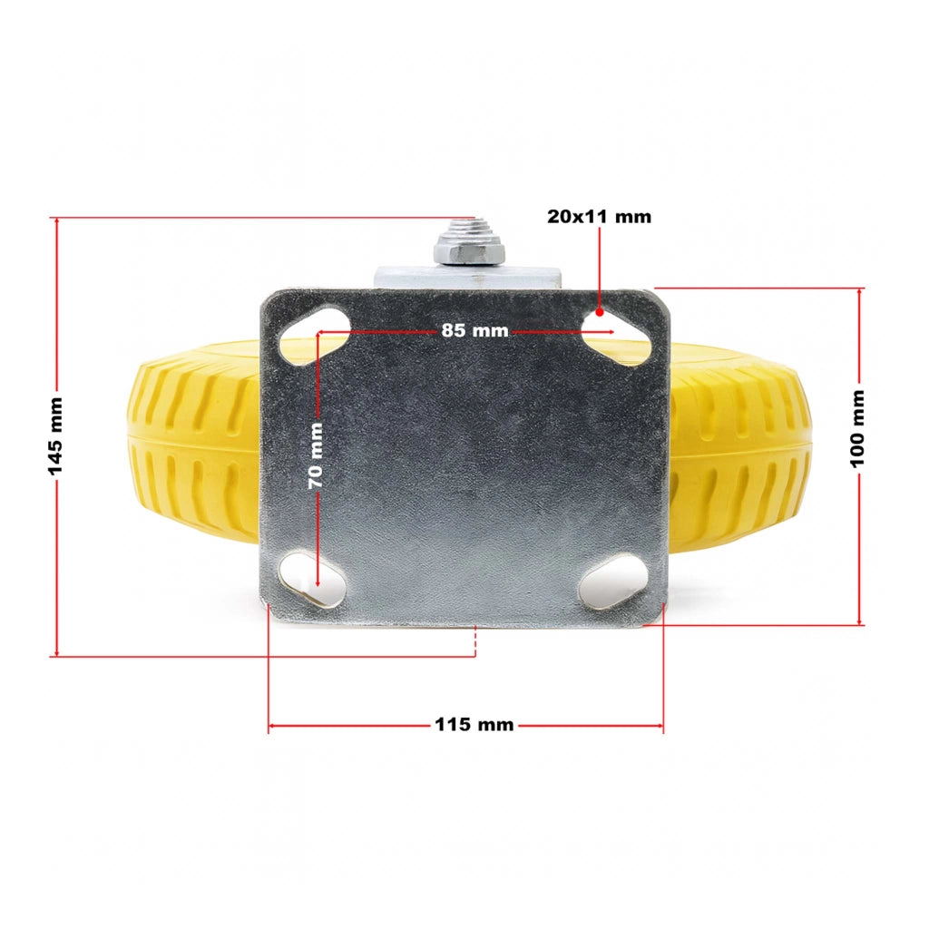 Set 4 ruote fisse da trasporto, antiforatura, 225x58 mm, 100 kg/ruota, con piastra di montaggio
