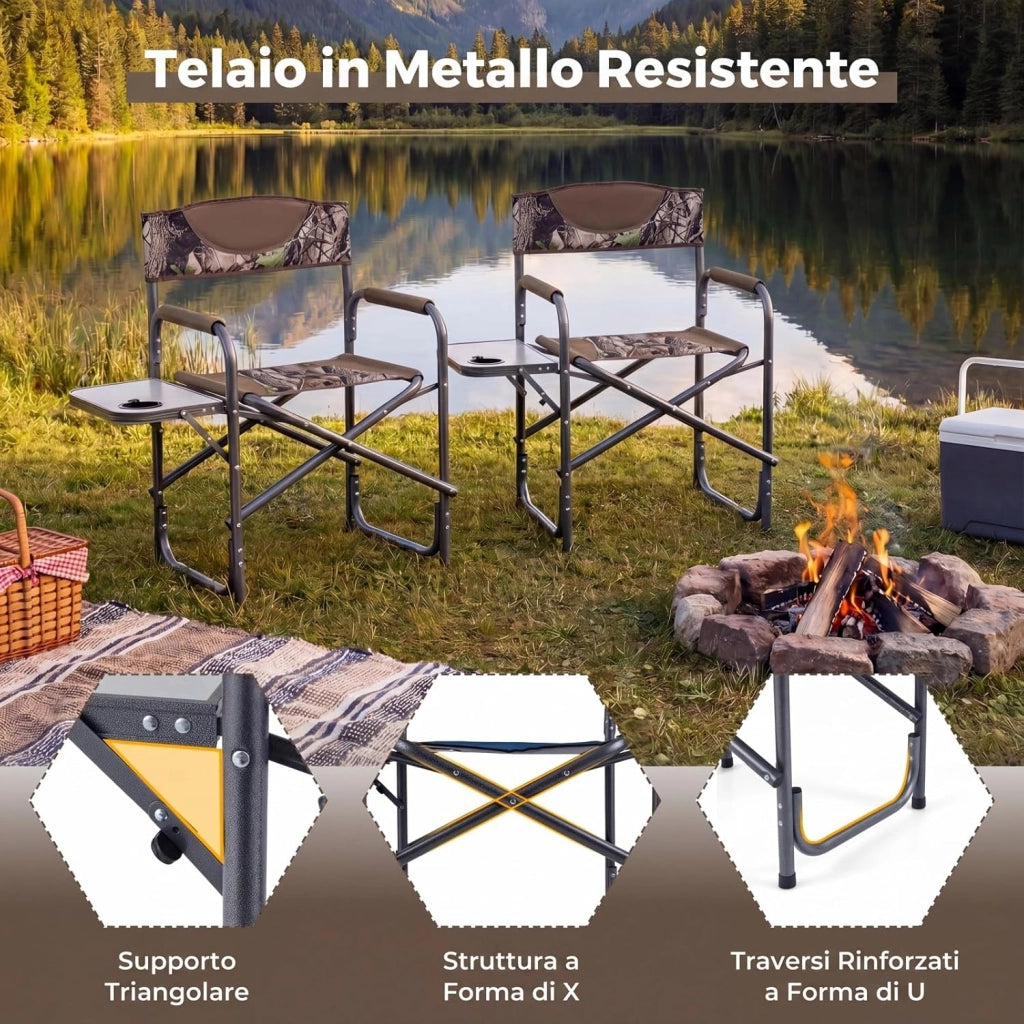 Sedia da Regista Imbottita con Tavolino, Ampio Sedile, Braccioli e Schienale, Sedia da Campeggio Pieghevole con Telaio Metallico per Eventi Sportivi e Pesca, Portata 180 kg (Mimetico)